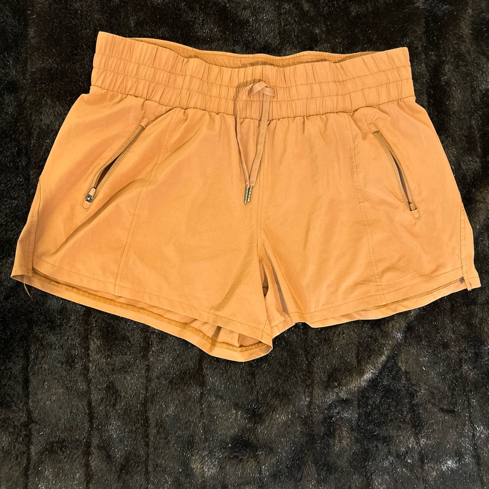 All in Motion Tan Athletic Running Shorts Zipper Pockets Drawstring Waist